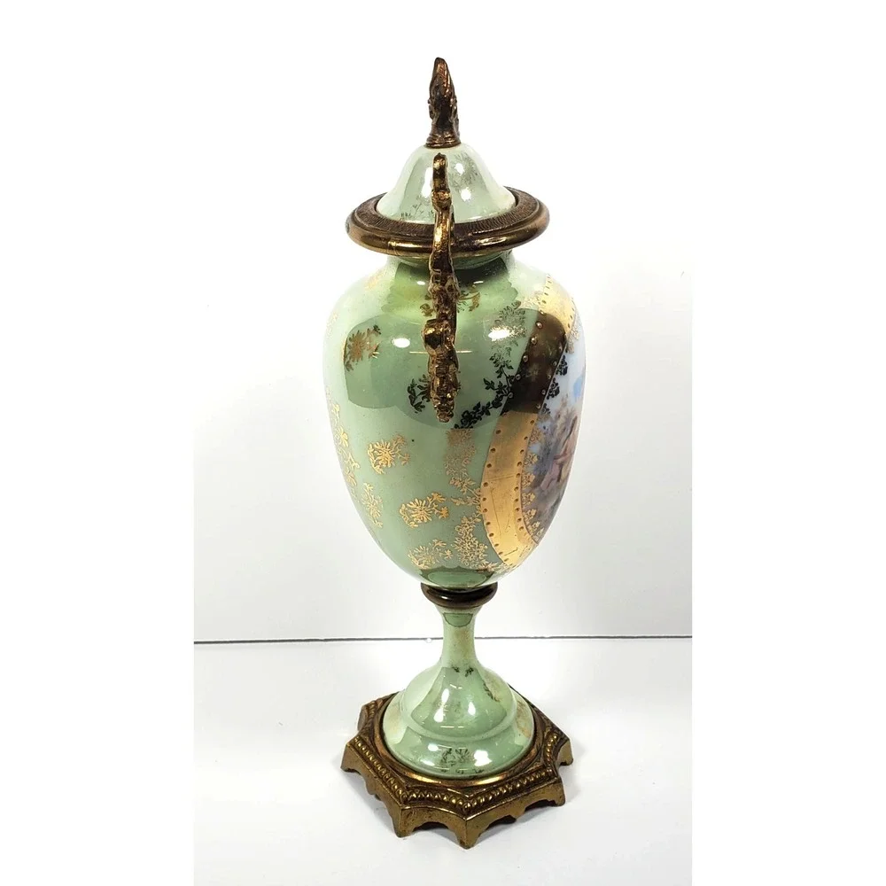 Antique French Sevres Style Urn Vase Porcelain Marked Lid Hand-Painted